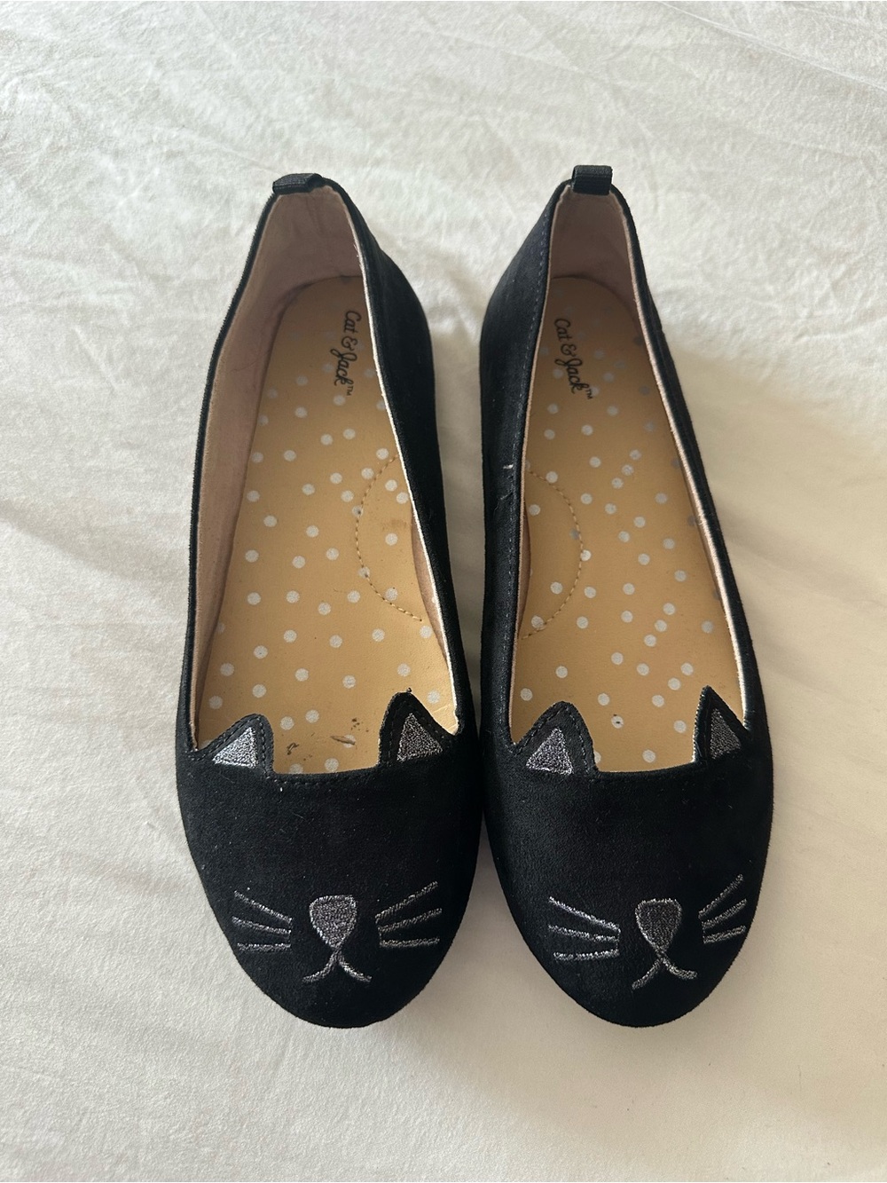 Cat & Jack Black Embroidered Silver Metallic Cat Face Ballet Flats Girls Size 3